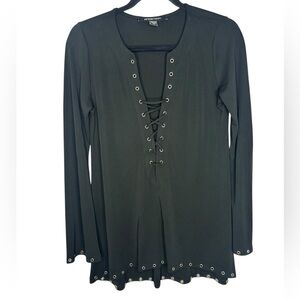Fifteen/Twenty Black Long-sleeve Lace-up Blouse Grommet Details Goth Lightweight